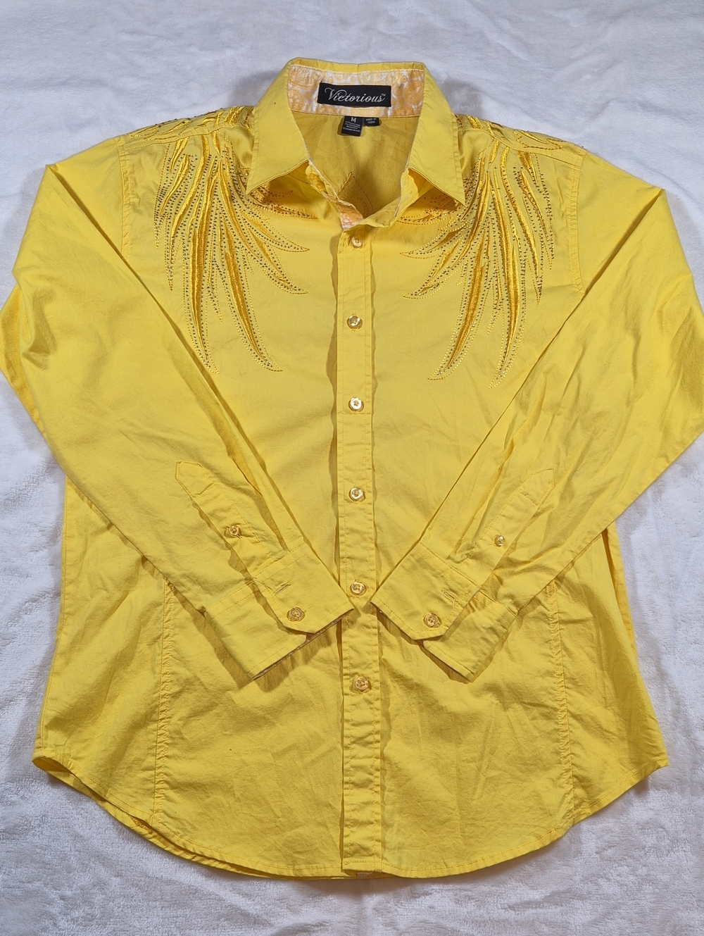 Victorious Men's Yellow Embellished Button-Down Shirt